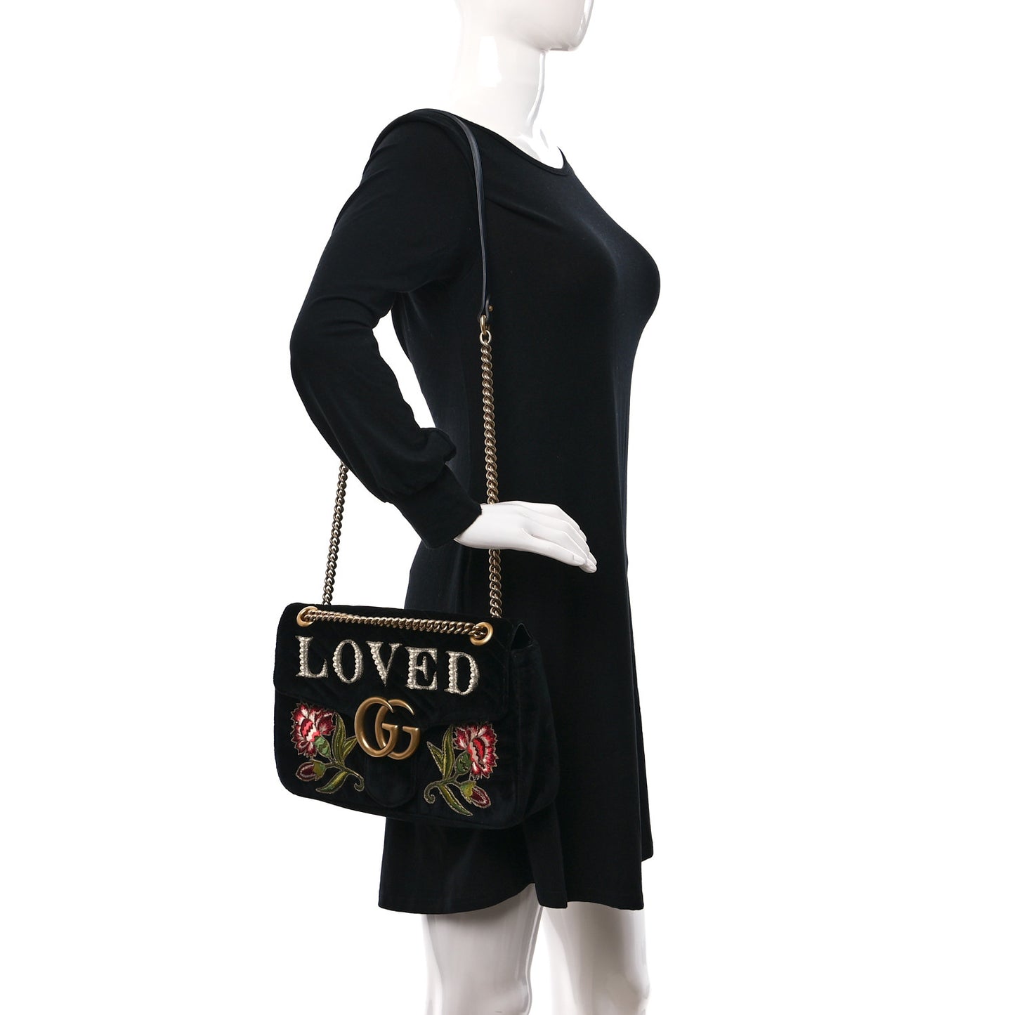 Velvet Matelasse Loved Embroidered Medium GG Marmont Shoulder Bag Black