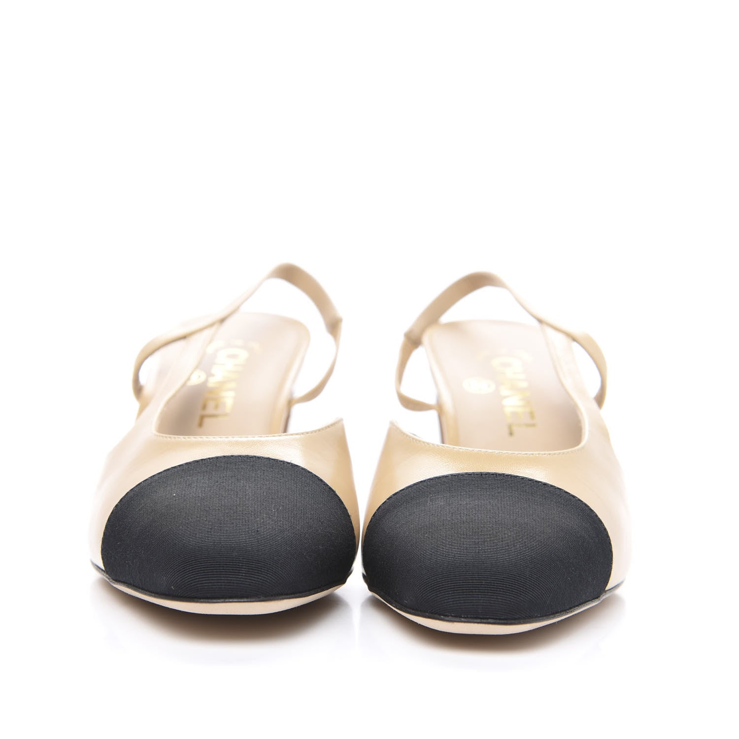 Chanel Goatskin Grosgrain Cap Toe CC Slingback Pumps 37.5 Beige Black 2 of 9
