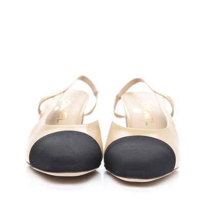 Chanel Goatskin Grosgrain Cap Toe CC Slingback Pumps 37.5 Beige Black 2 of 9