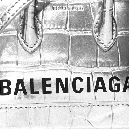 Balenciaga Metallic Calfskin Logo Crocodile Embossed Mini Ville Top Handle Bag Silver Black 7 of 10