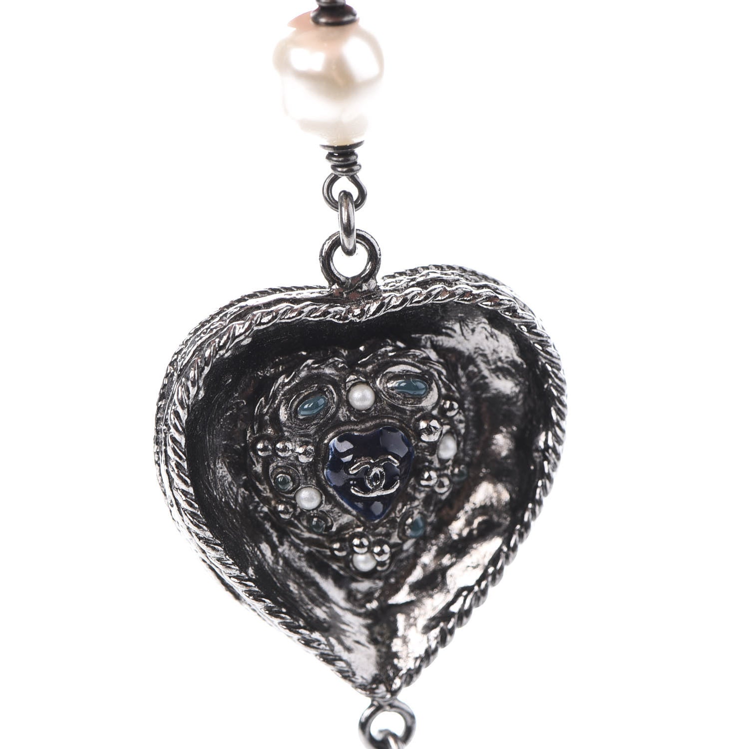 Chanel Pearl Resin Beaded CC Heart Long Necklace Ruthenium Multicolor 7 of 8