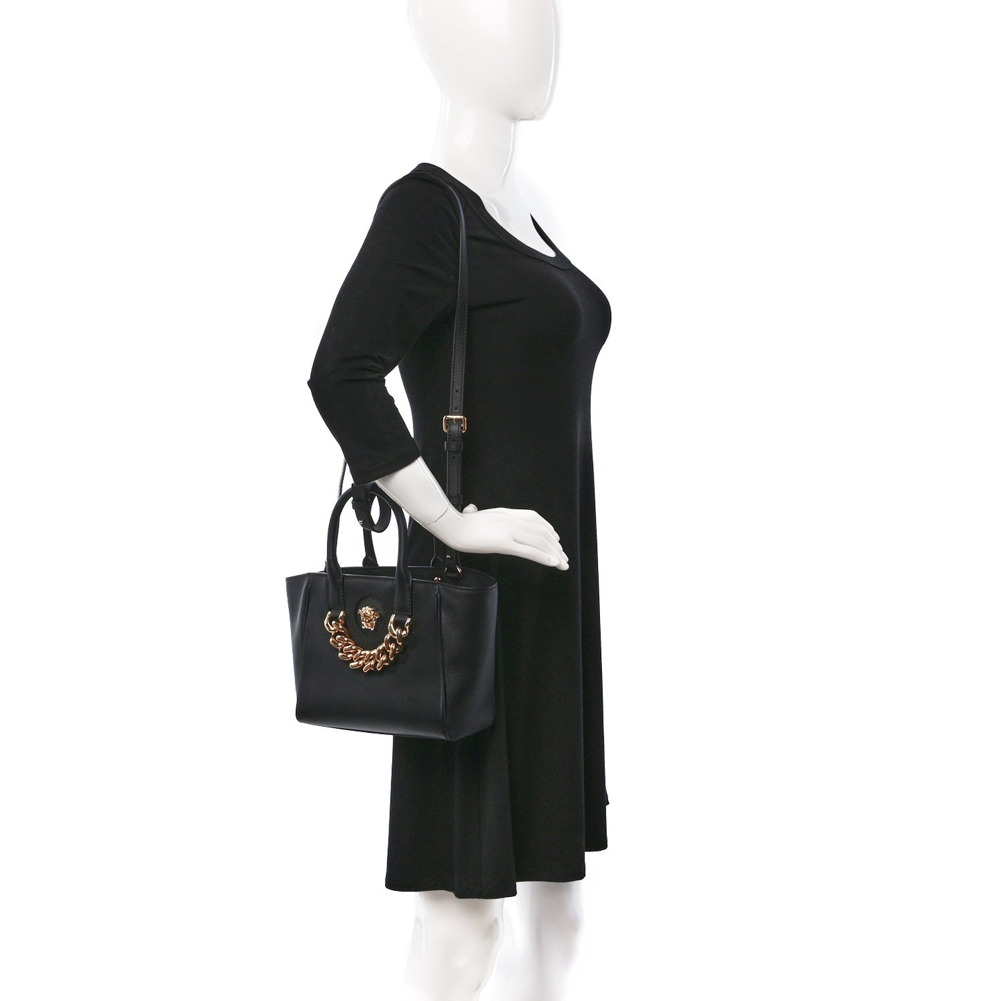 Grained Calfskin Small La Medusa Chain Convertible Tote Black