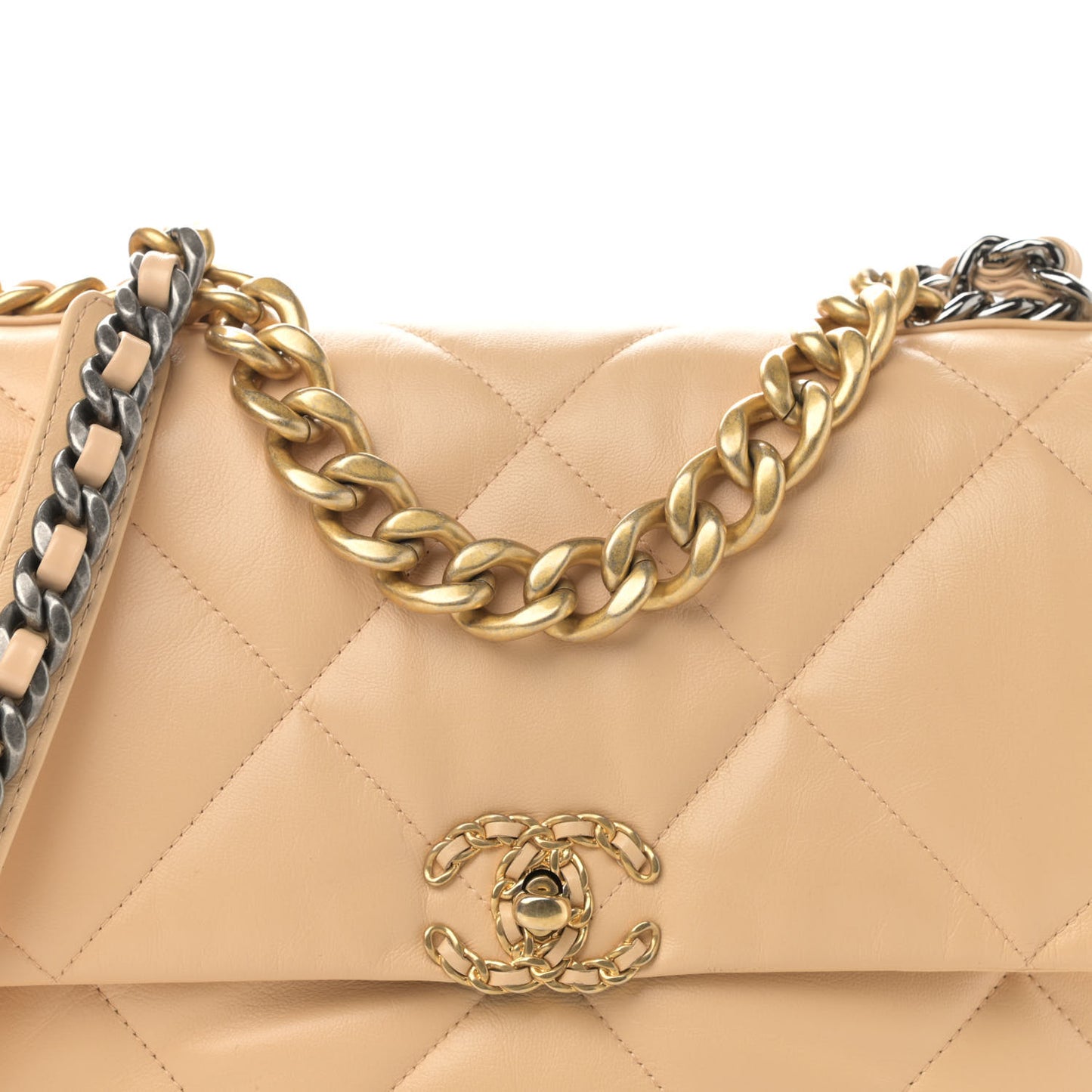 Shiny Goatskin Quilted Large Chanel 19 Flap Beige