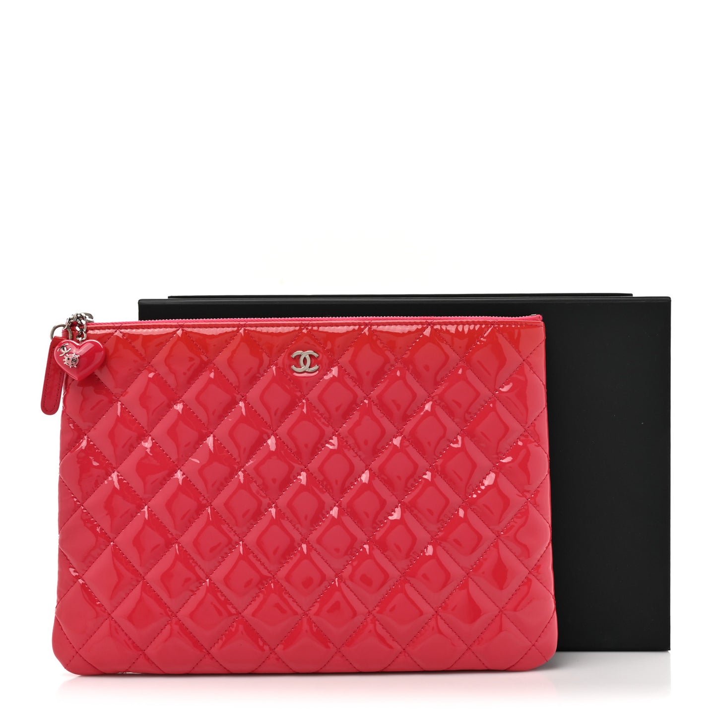 Patent Calfskin Quilted Valentine Hearts Medium O Cosmetic Case Dark Pink