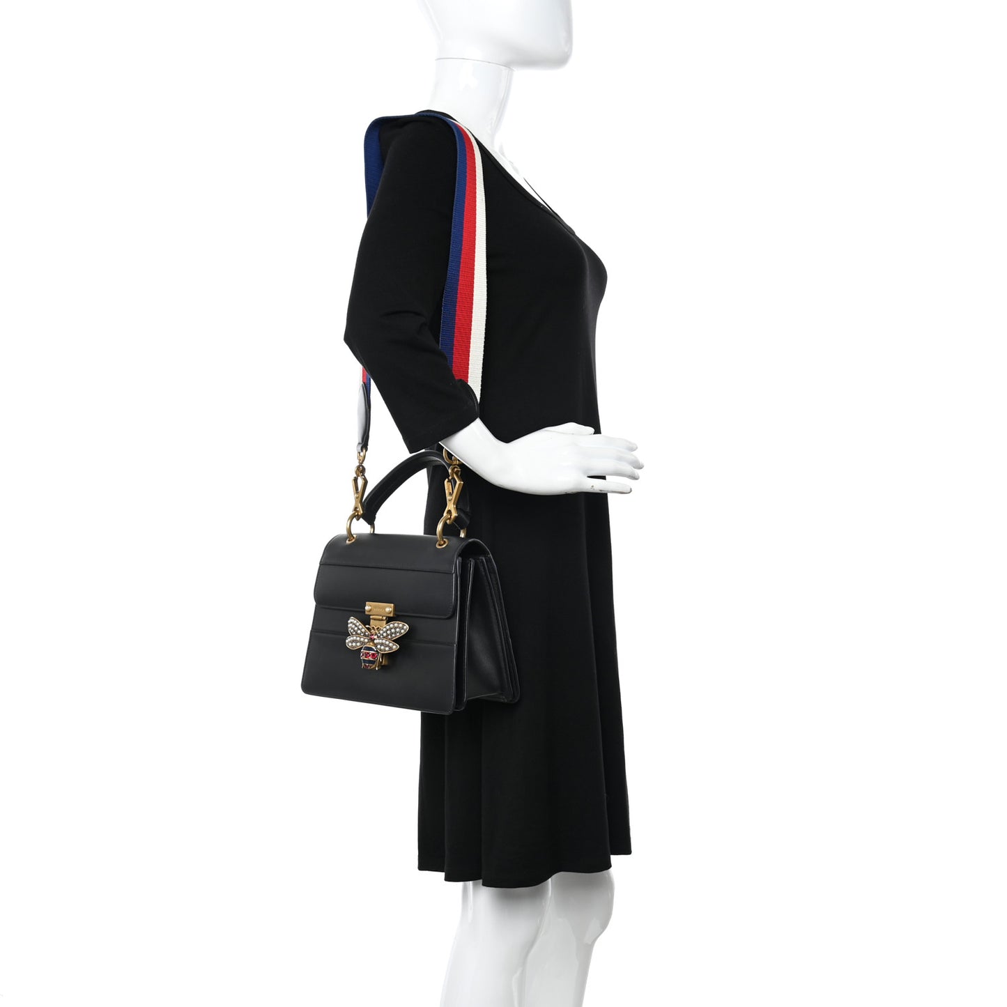 Calfskin Sylvie Web Small Queen Margaret Top Handle Bag Black