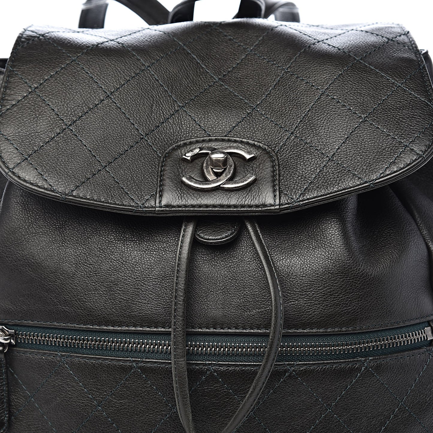 Grained Calfskin Stitched Pocket Backpack Dark Green