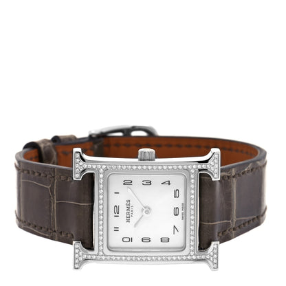 Hermes Stainless Steel Alligator Diamond Bezel Mother of Pearl 21mm Heure H Hour Quartz Watch Gris Elephant 2 of 5