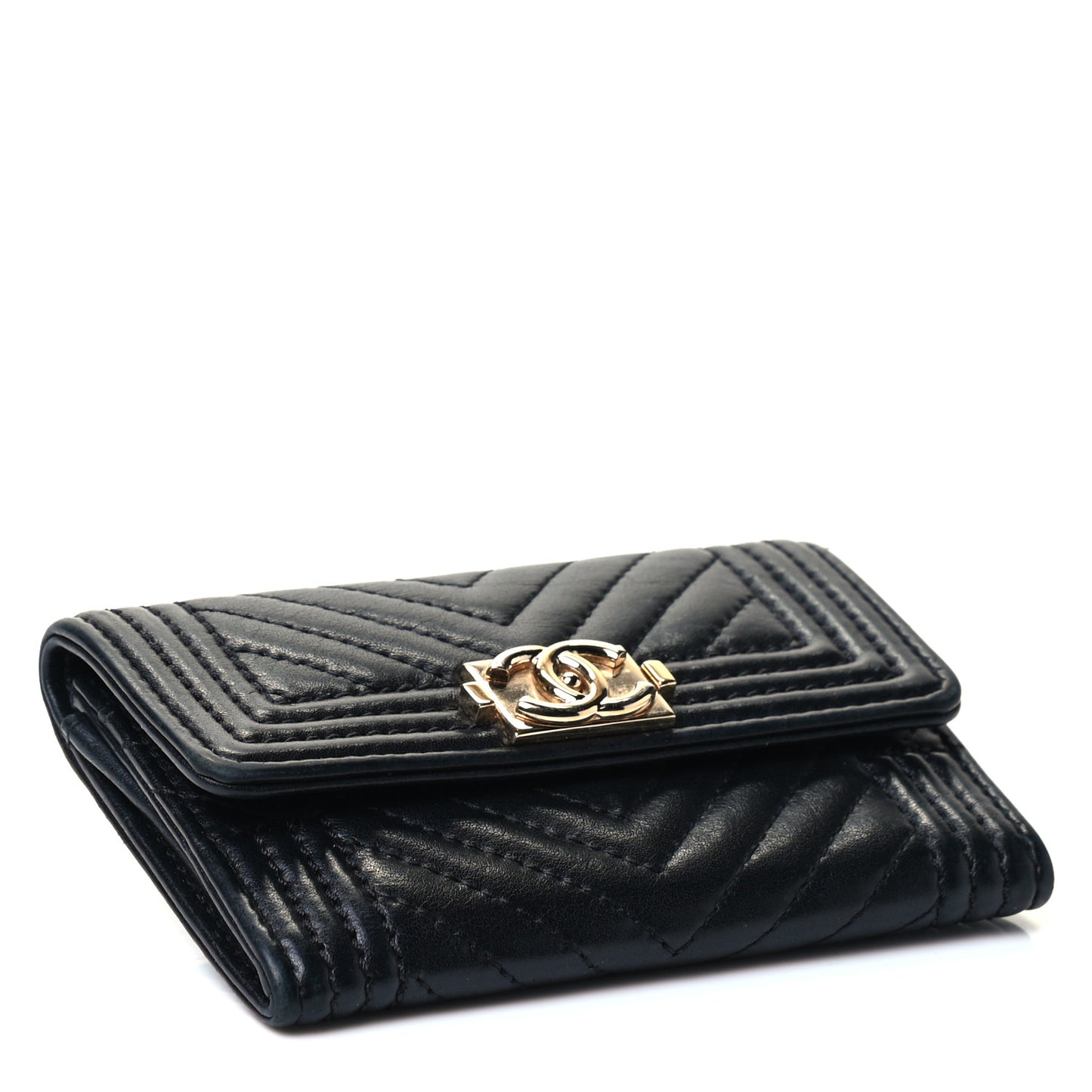 Lambskin Chevron Quilted Boy Card Holder Wallet Black
