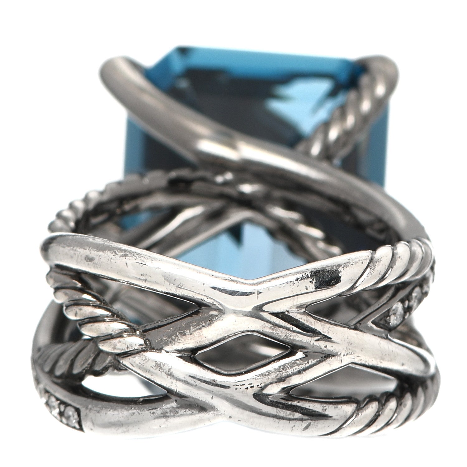 David Yurman Darkened Sterling Silver Diamond Hampton Blue Topaz 15mm Cable Wrap Ring 54 6.75 4 of 5