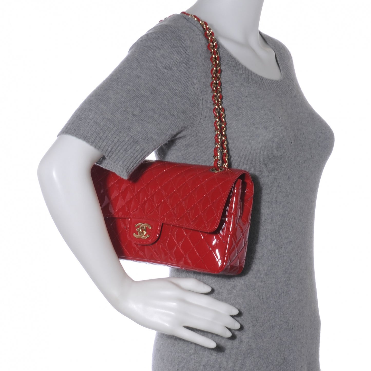 Patent Calfskin Quilted Valentine Charms Medium Single Flap Red