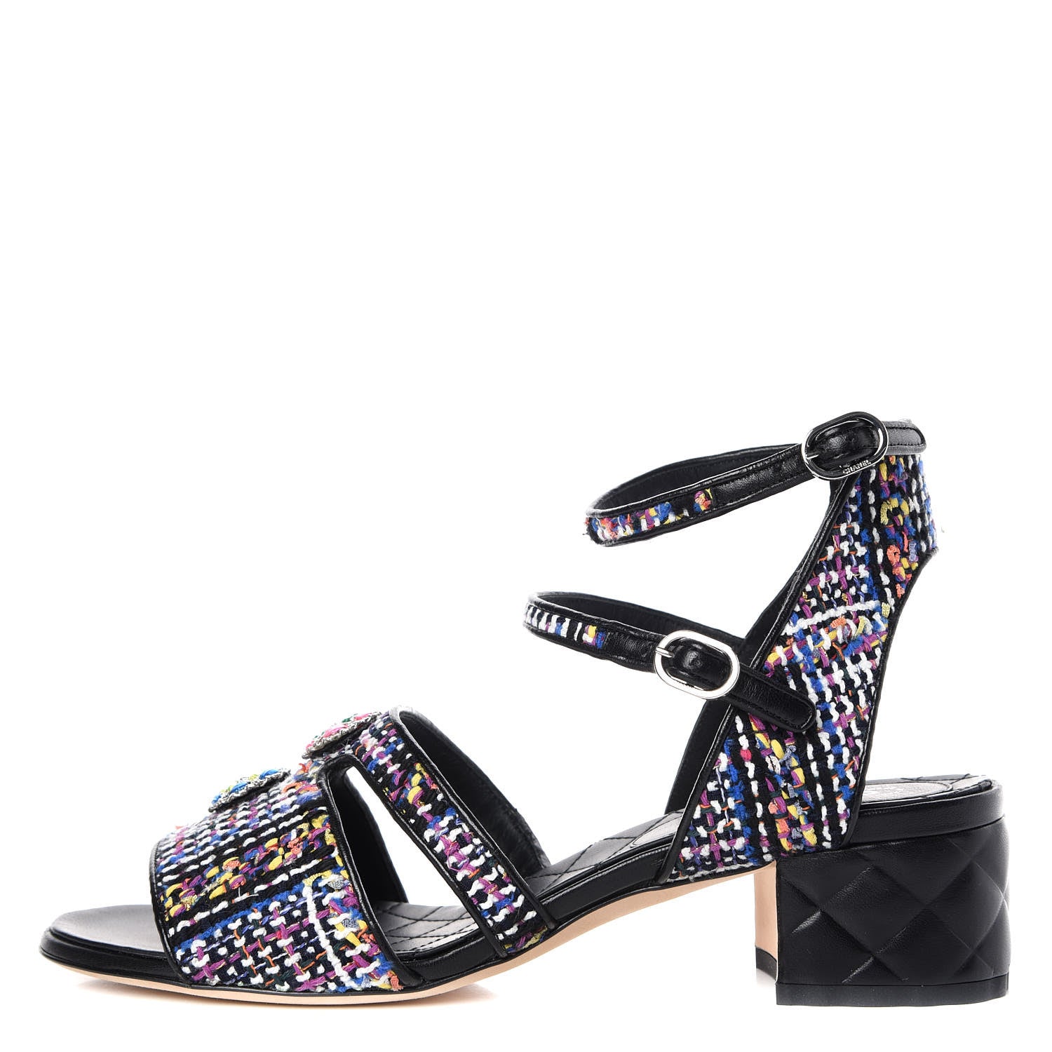 Chanel Tweed Lambskin Sandals 39 Black Blue Yellow Fuchsia 1 of 8