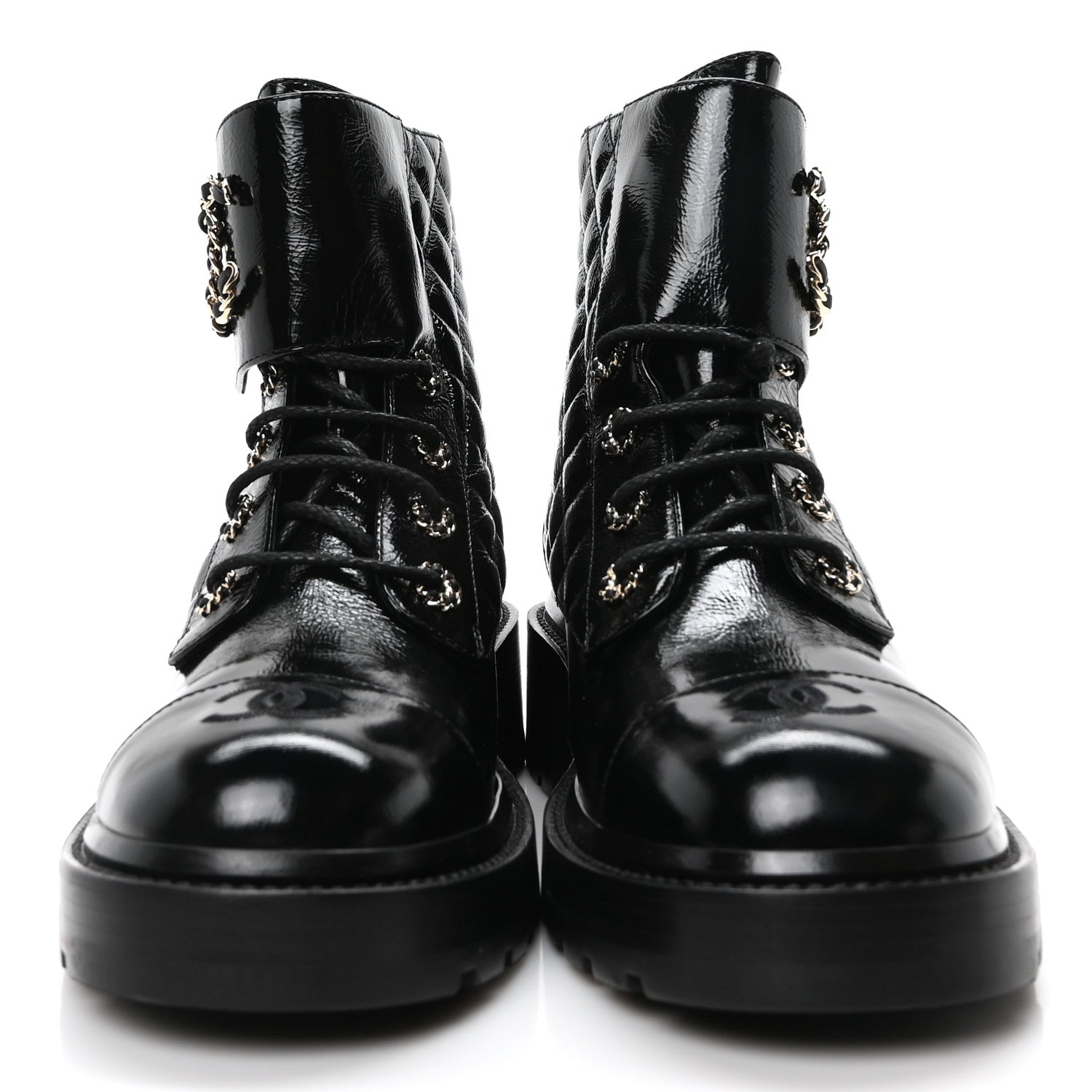 Chanel Shiny Calfskin Quilted Lace Up Combat Boots 40.5 Black 3 of 8