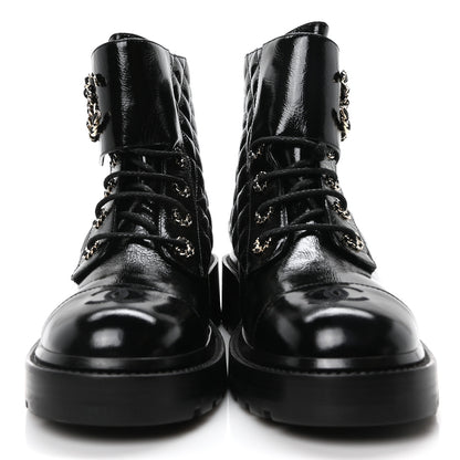 Chanel Shiny Calfskin Quilted Lace Up Combat Boots 40.5 Black 3 of 8