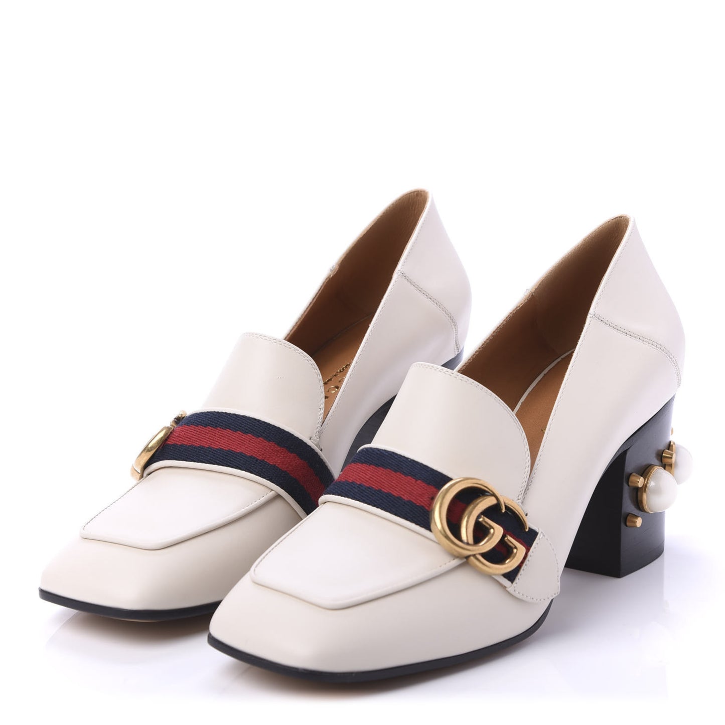 Betis Glamour Calfskin Web Pearl Embellished Peyton 75mm Loafer Pumps 38 Mystic White