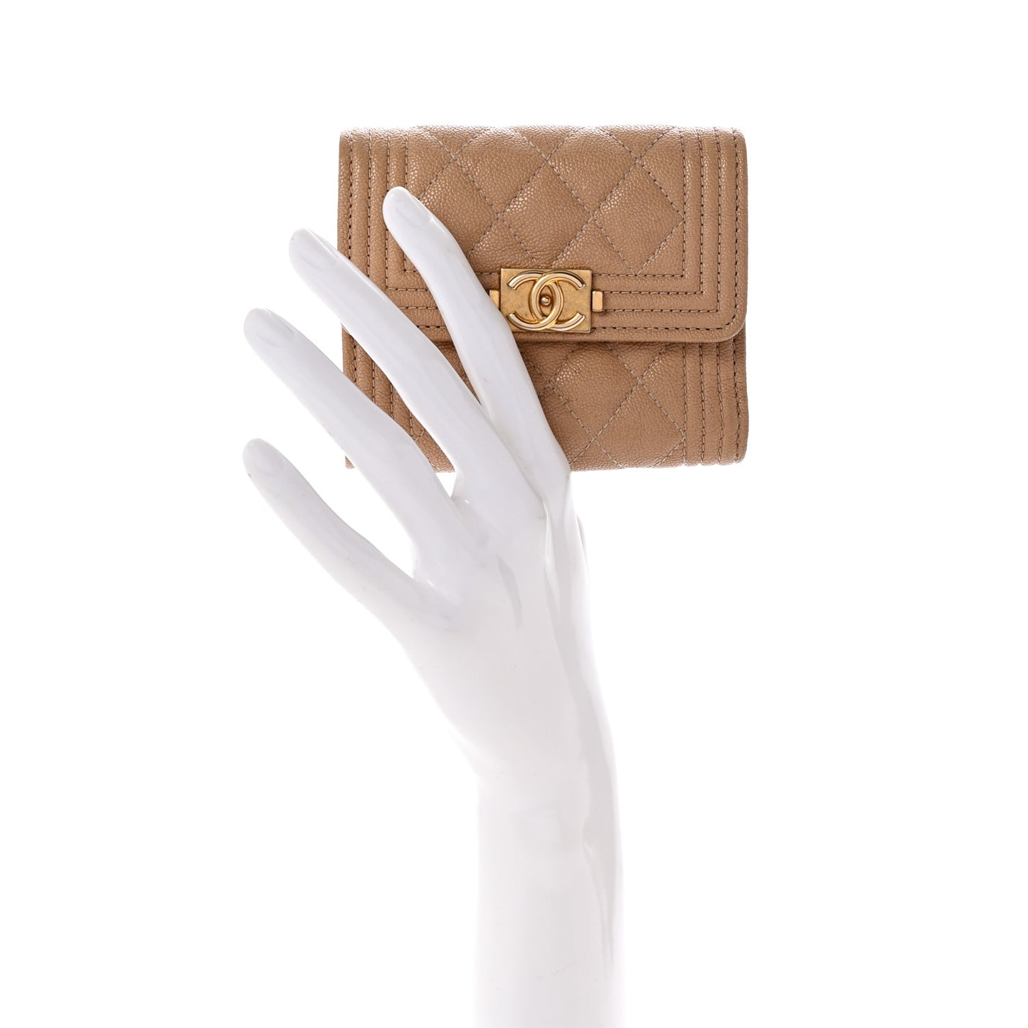 Caviar Quilted Compact Boy Flap Wallet Beige