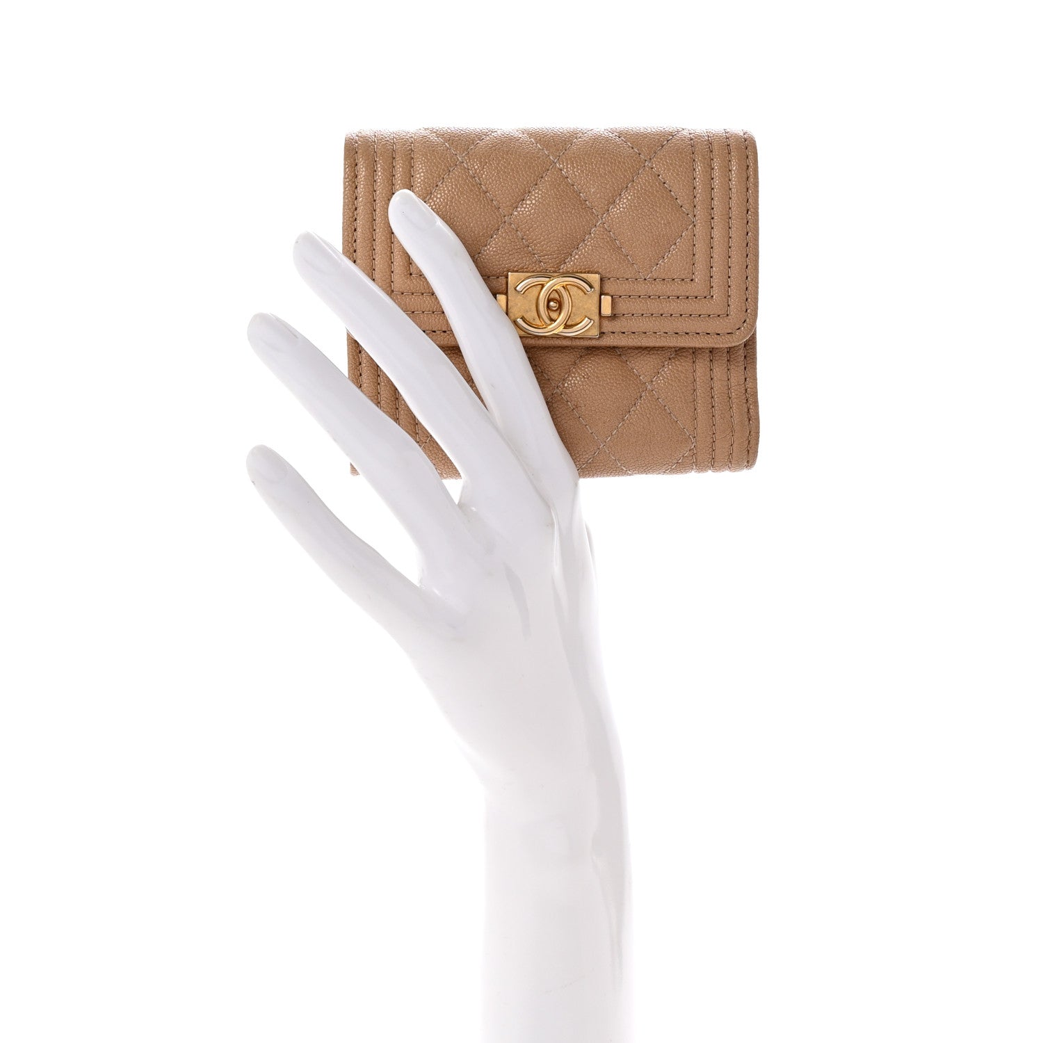 Chanel Caviar Quilted Compact Boy Flap Wallet Beige 2 of 7