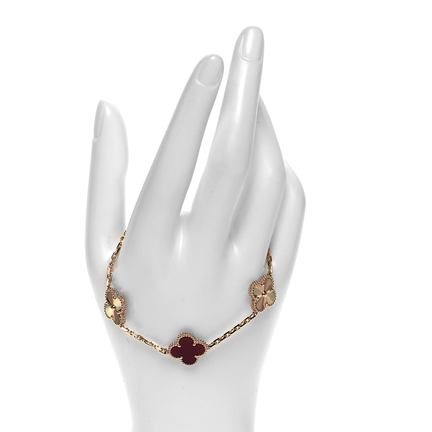18K Rose Gold Carnelian 5 Motifs Guilloche Vintage Alhambra Bracelet