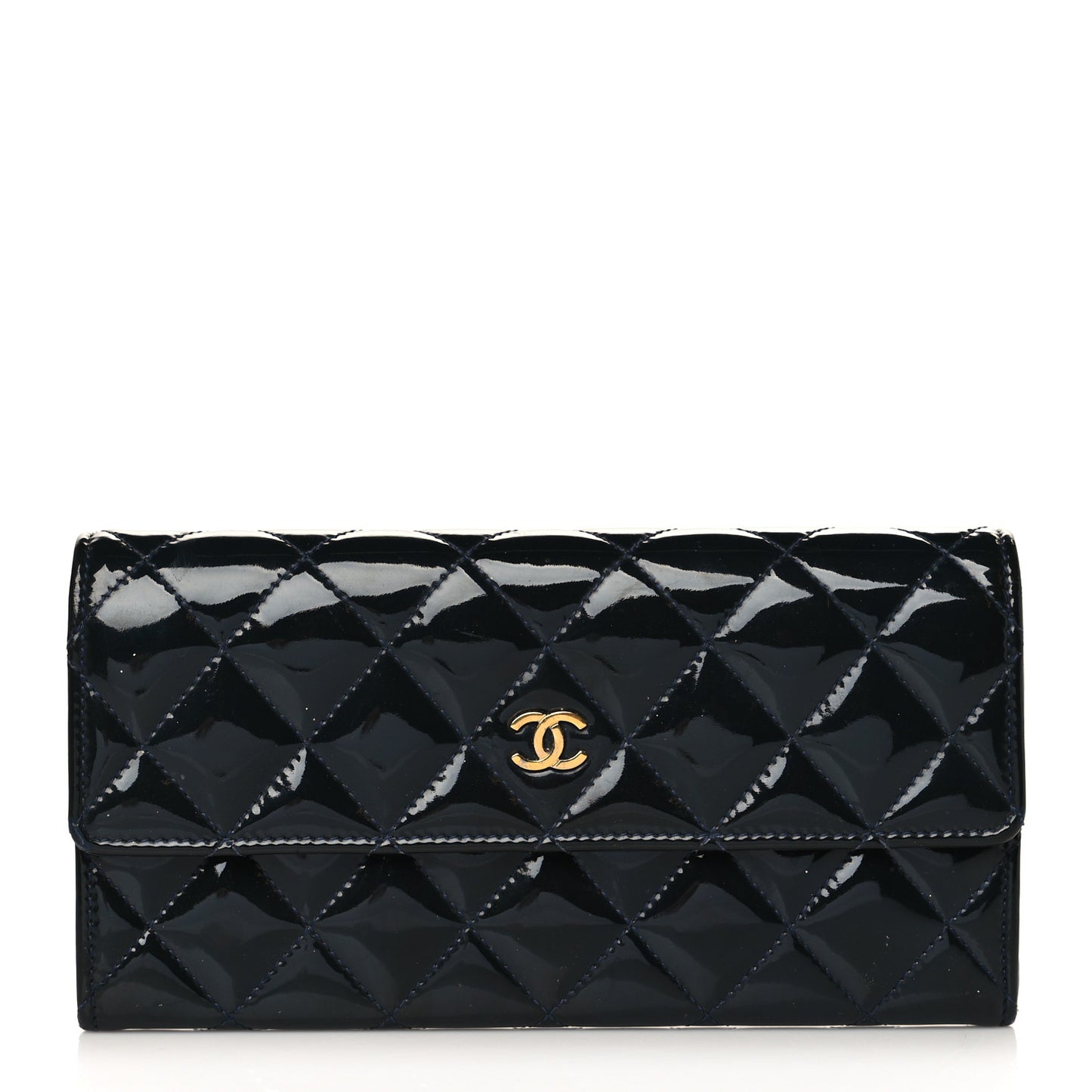 Patent Quilted Large Flap Wallet Navy