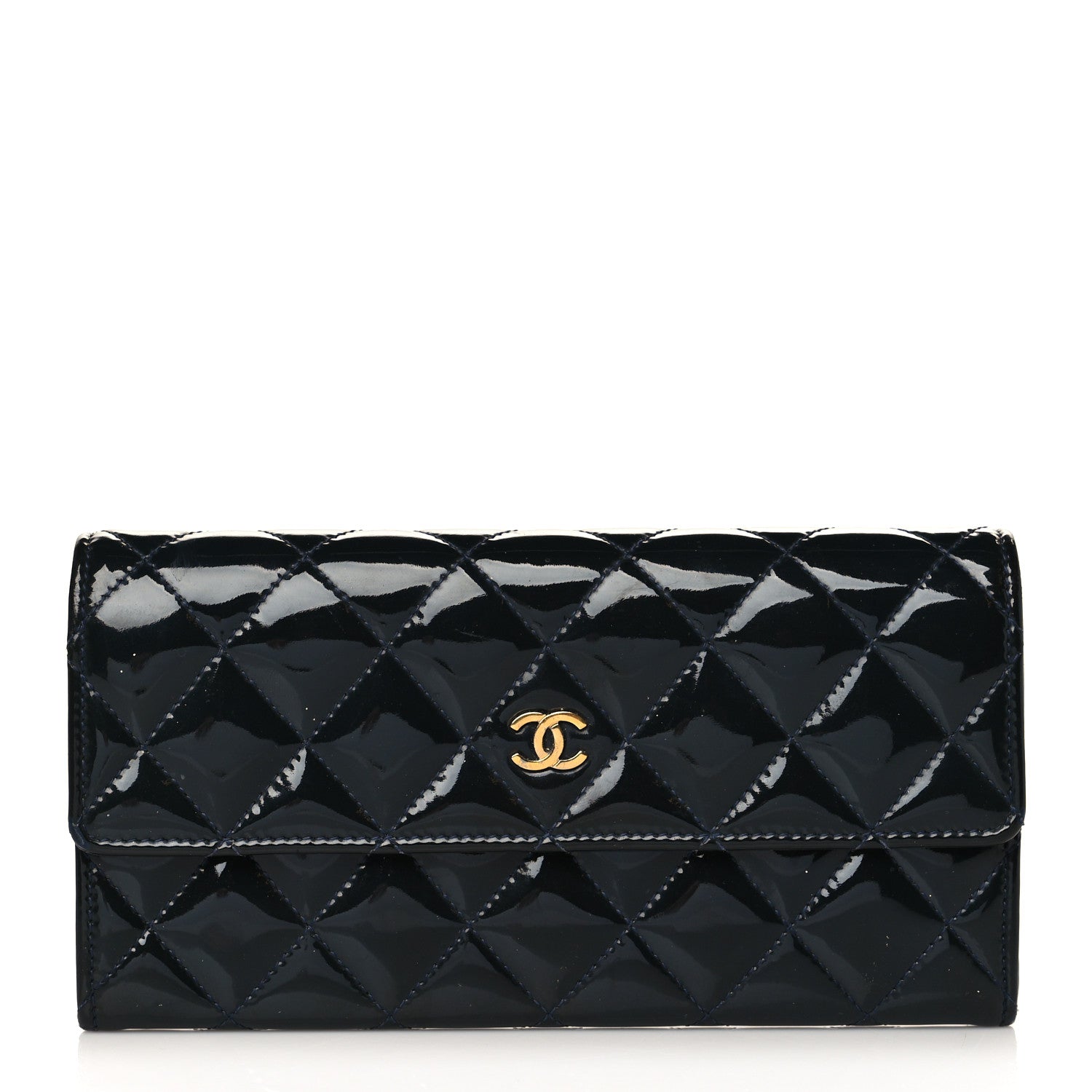 Chanel Patent Quilted Large Flap Wallet Navy 1 of 10