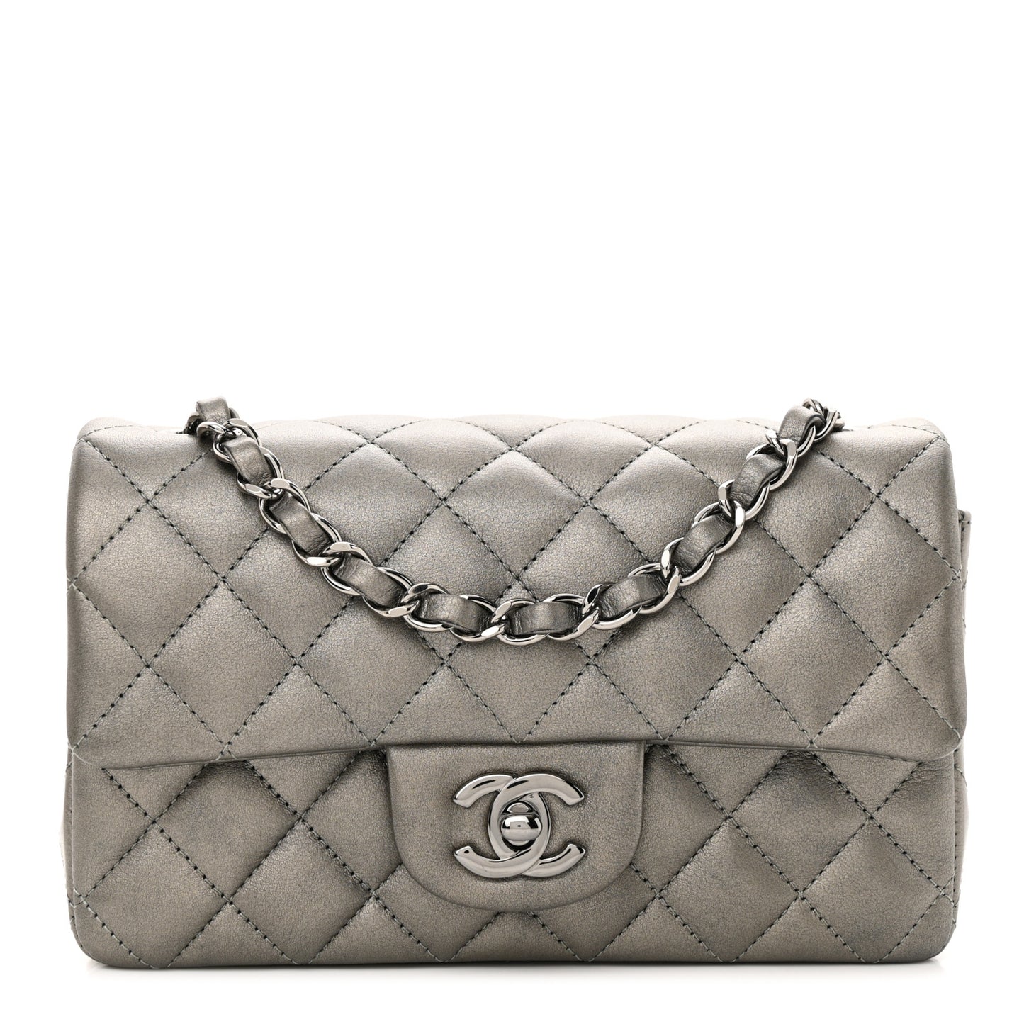 Metallic Lambskin Quilted Mini Rectangular Flap Dark Grey