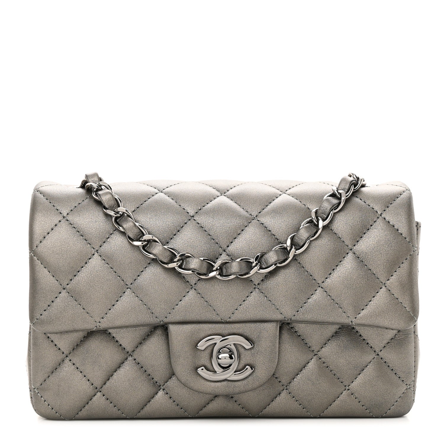Chanel Metallic Lambskin Quilted Mini Rectangular Flap Dark Grey 1 of 12