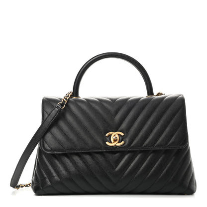 Chanel Caviar Chevron Quilted Medium Coco Handle Flap Black 1 of 16