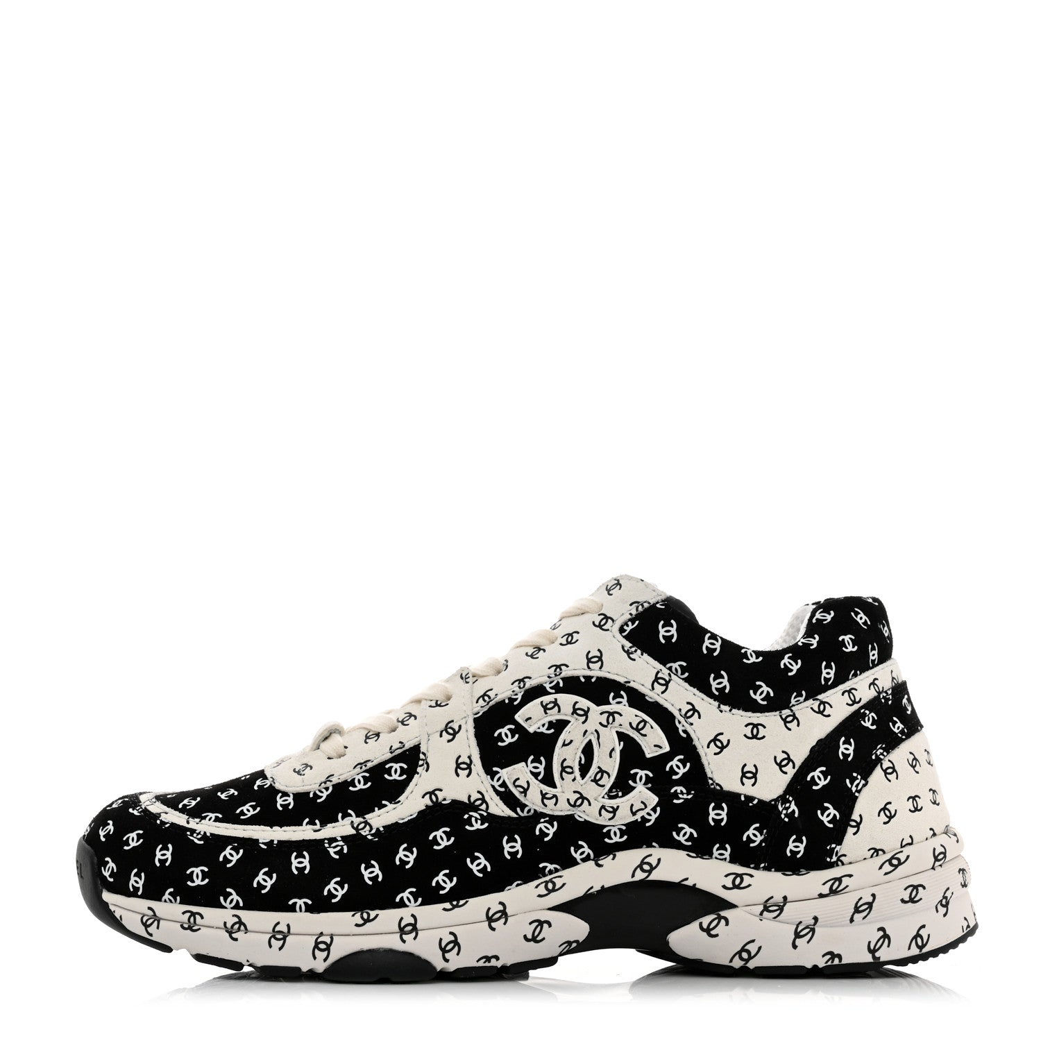 Chanel Nylon Suede Calfskin Printed CC Sneakers 40.5 White Black 1 of 9