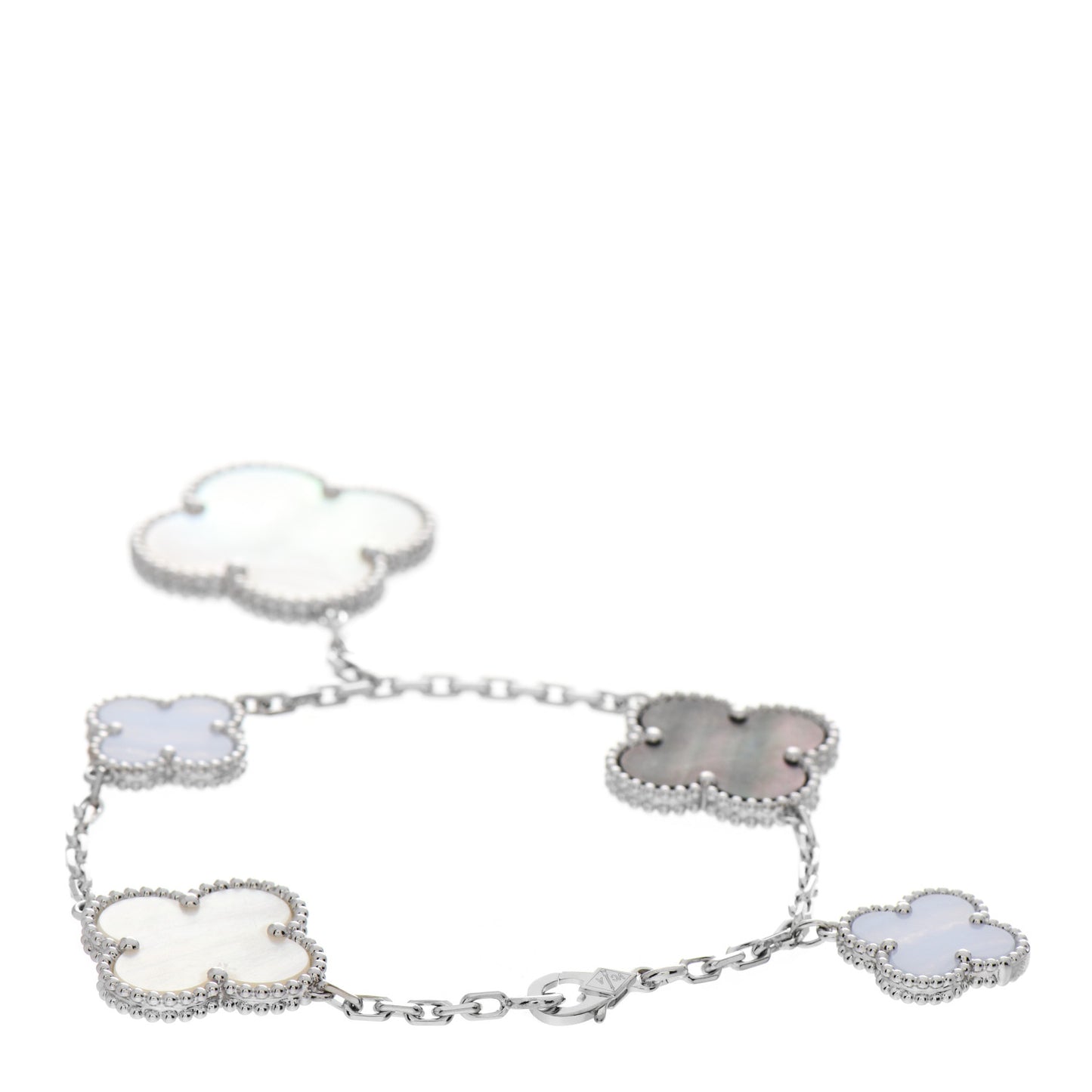 18K White Gold Chalcedony Mother of Pearl 5 Motifs Magic Alhambra Bracelet