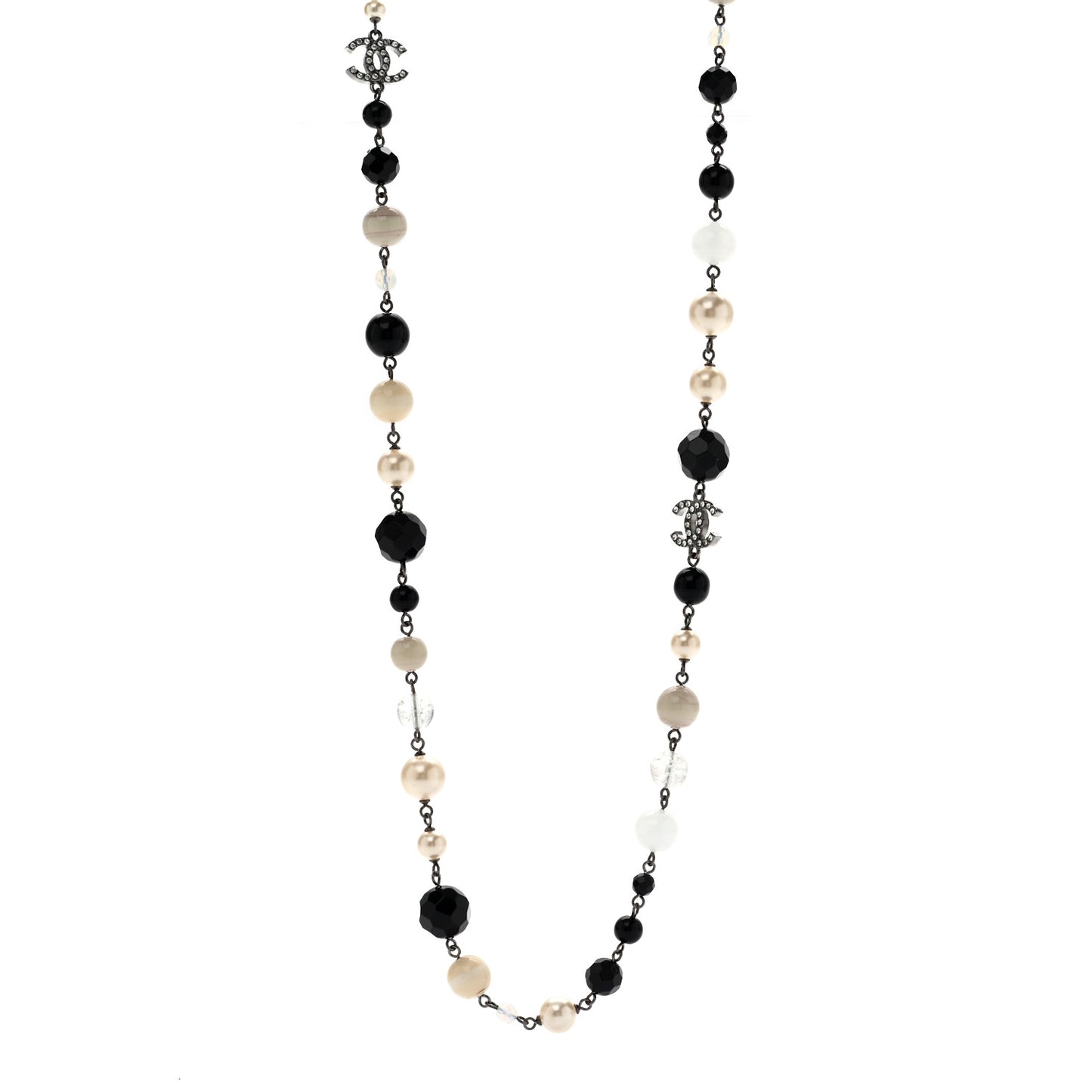 Pearl Crystal Bead CC Long Necklace Black Silver