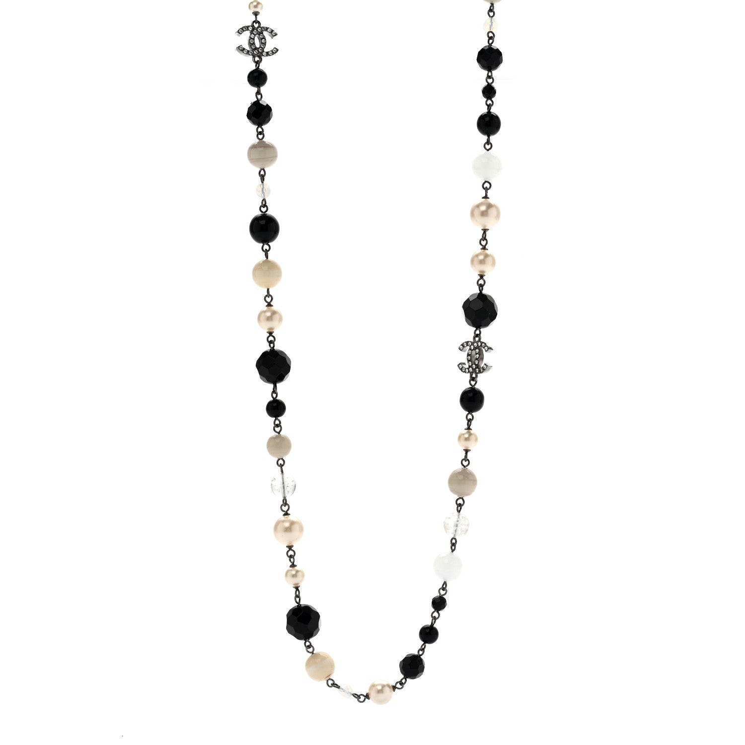 Chanel Pearl Crystal Bead CC Long Necklace Black Silver 1 of 6