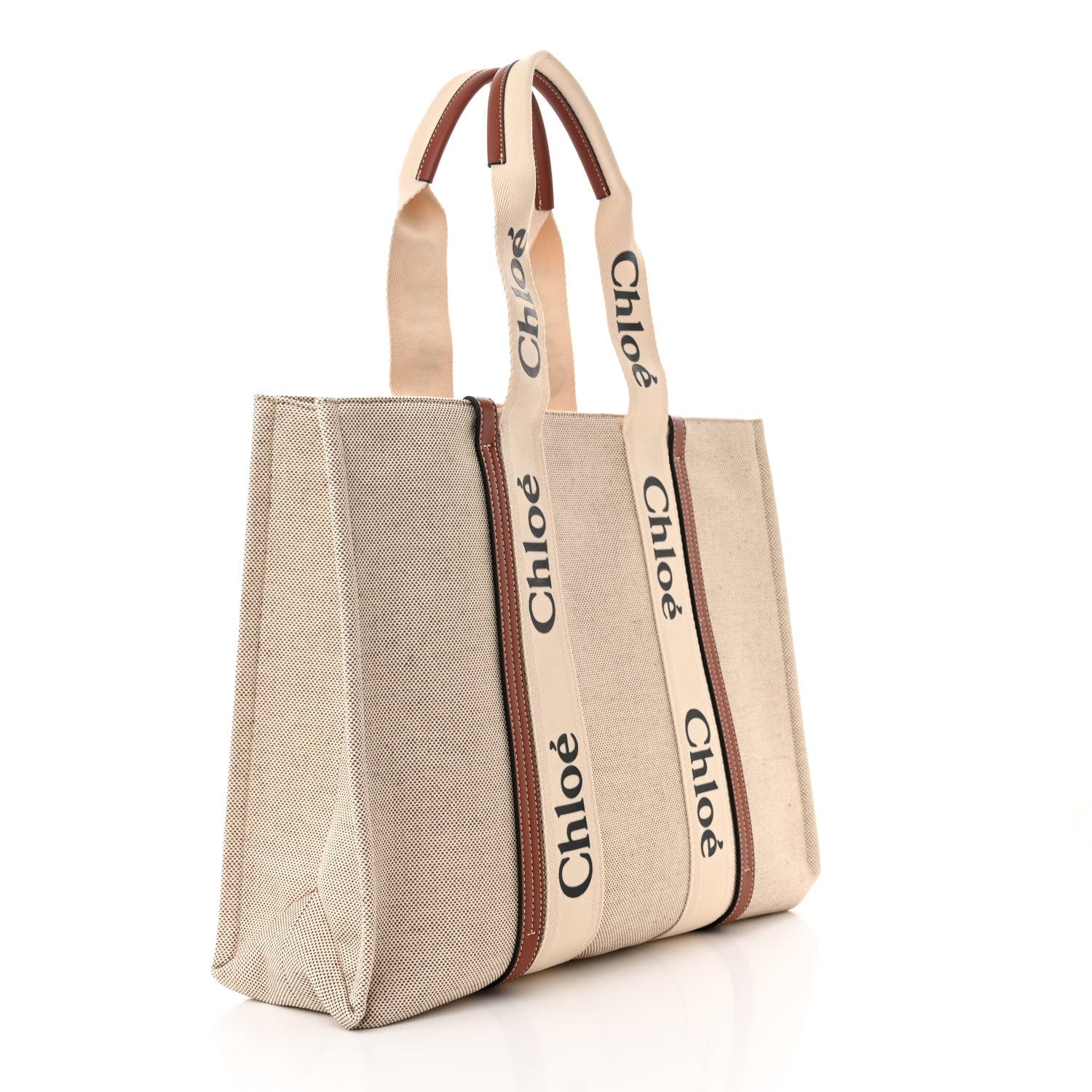 Chloe Cotton Calfskin Large Woody Ribbon Tote White Brown 3 of 10