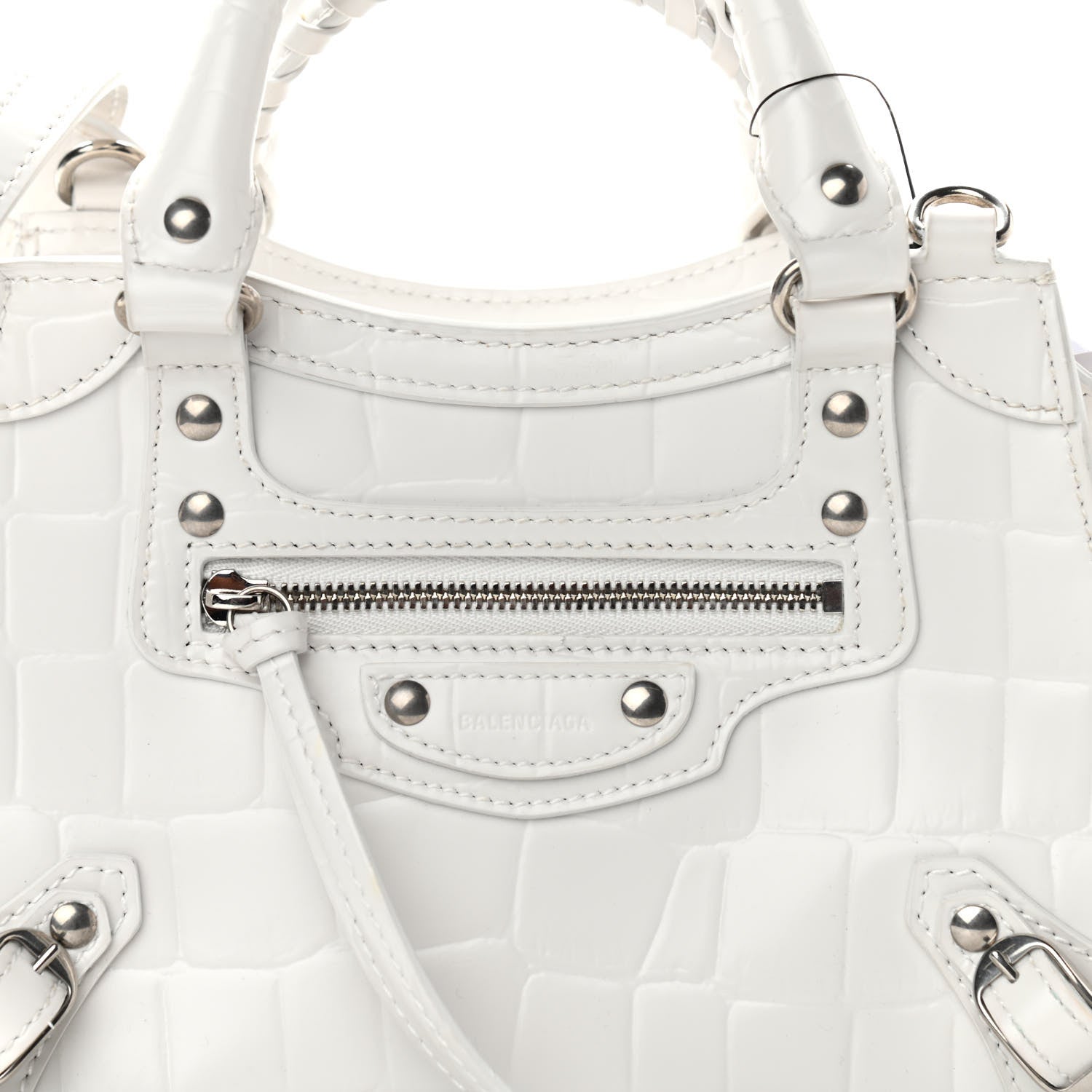 Balenciaga Semi Shiny Calfskin Crocodile Embossed Neo Classic Silver Hardware Mini City White 7 of 9