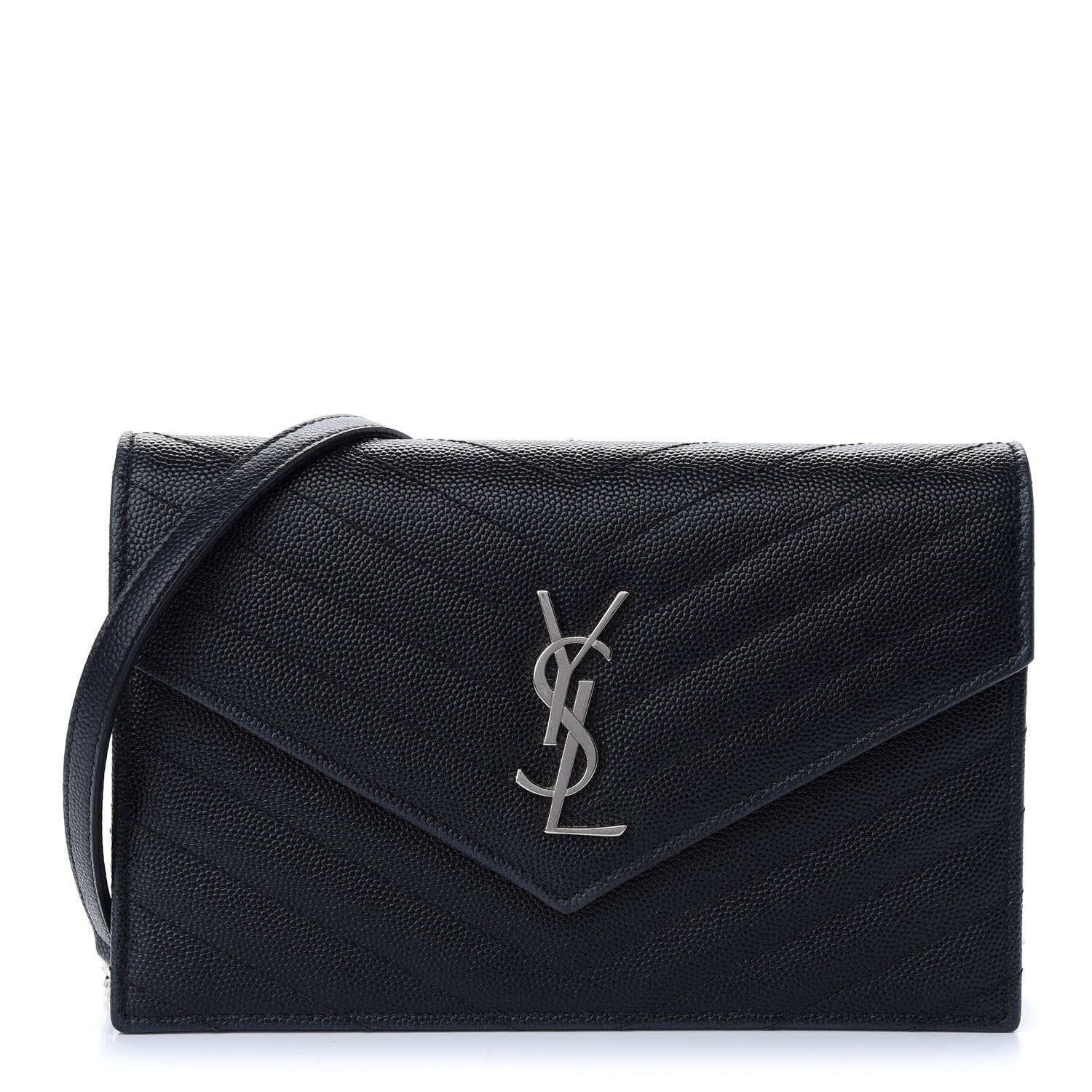 Saint Laurent Grain De Poudre Matelasse Chevron Monogram Envelope Chain Wallet Black 1 of 7
