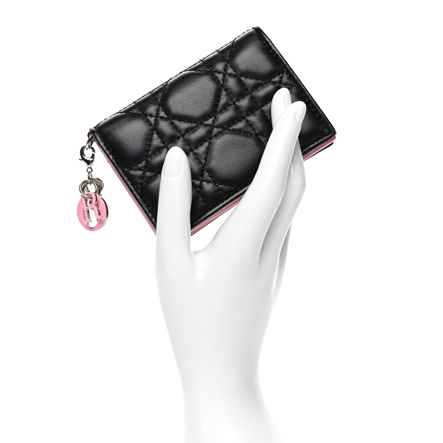 Lambskin Cannage Bi-Color Small Lady Dior Flap Card Holder Black Pink