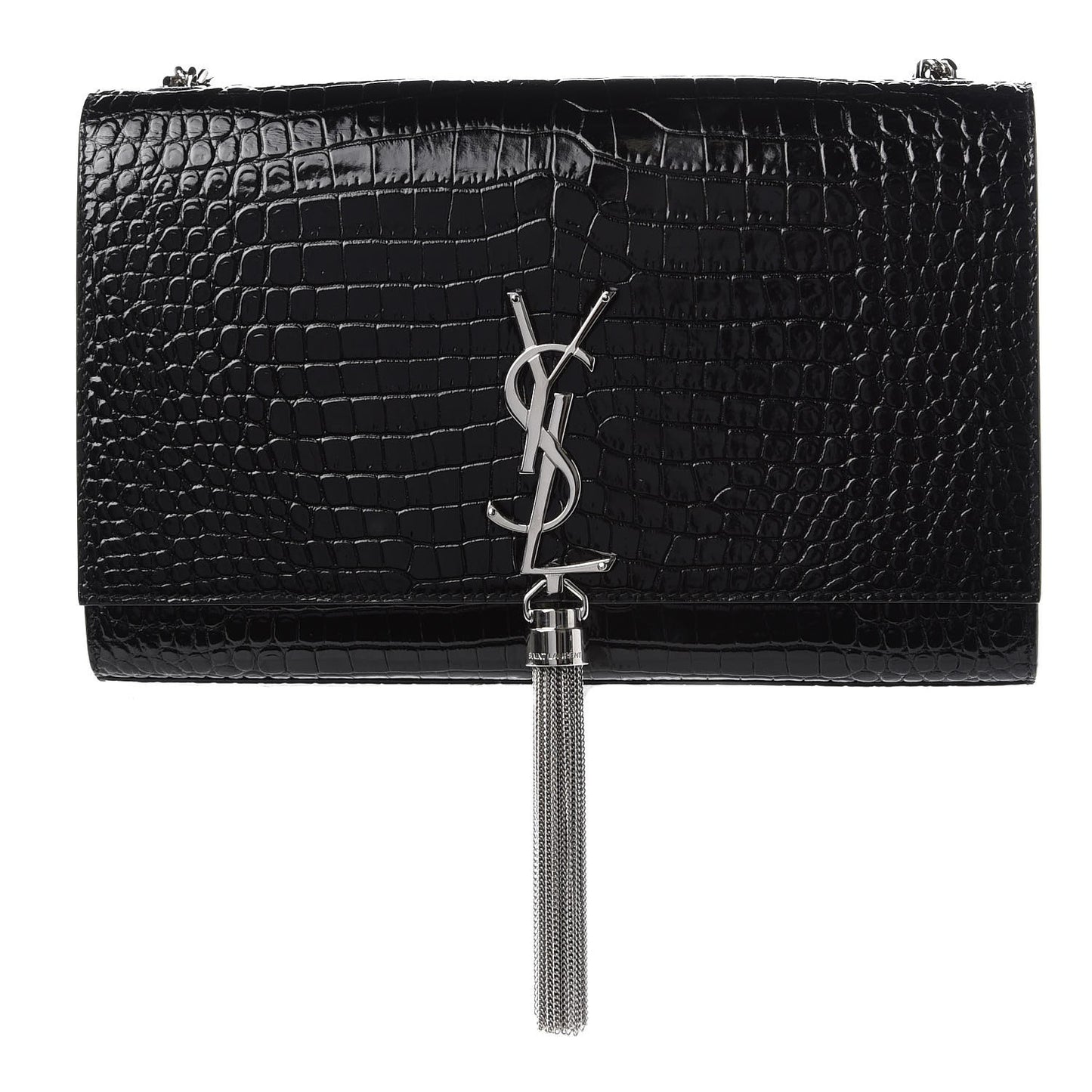 Calfskin Crocodile Embossed Medium Classic Monogram Kate Tassel Satchel Black