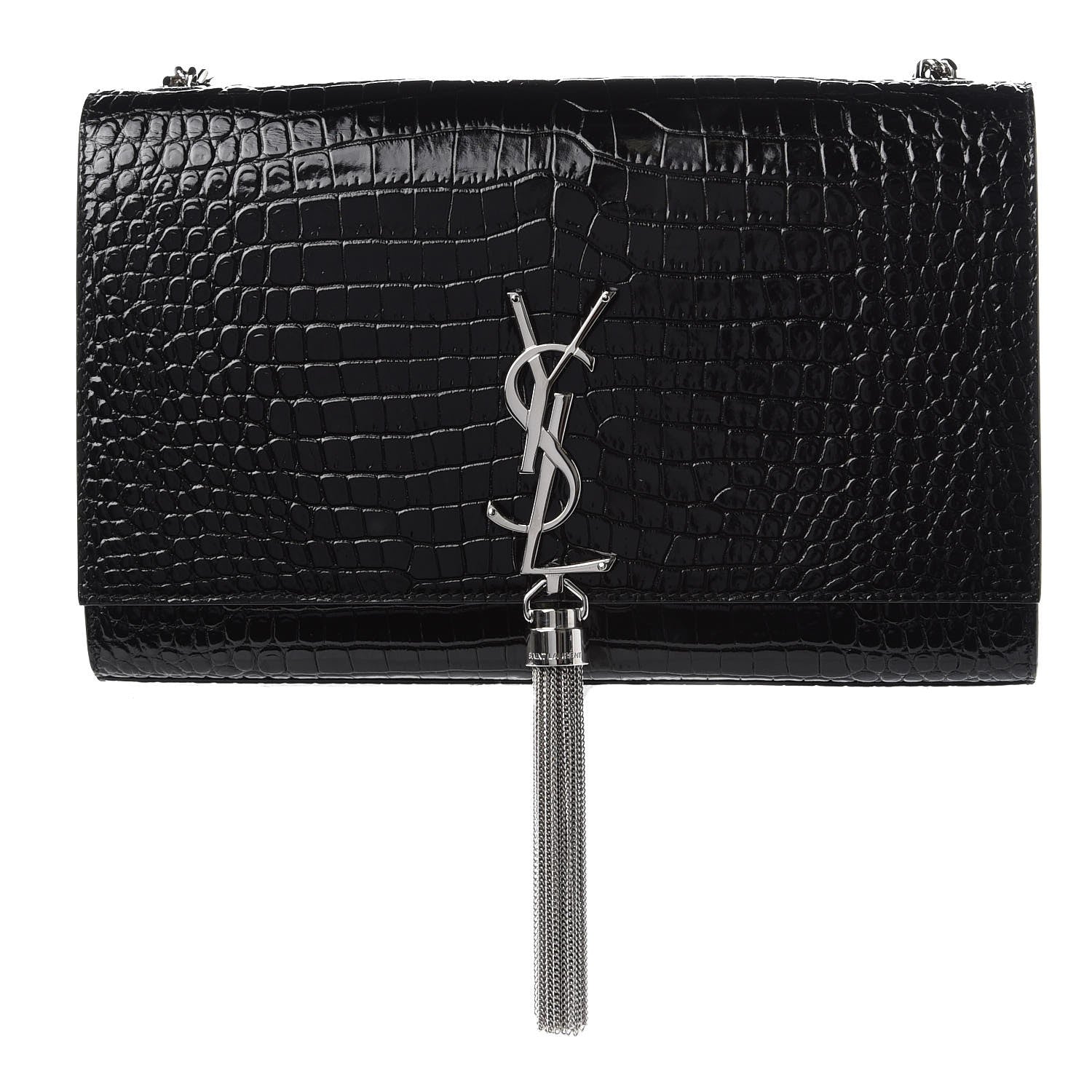 Saint Laurent Calfskin Crocodile Embossed Medium Classic Monogram Kate Tassel Satchel Black 1 of 8