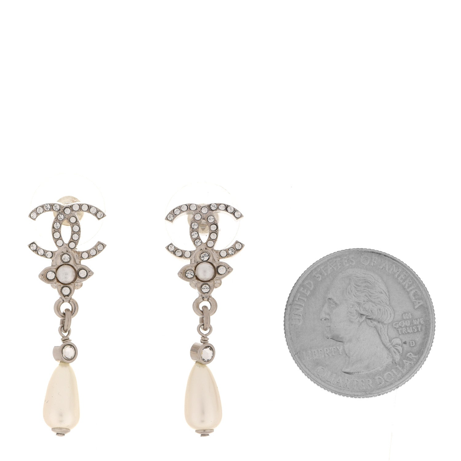 Chanel Crystal Pearl Flower CC Drop Earrings Silver 2 of 5