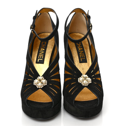 Chanel Suede Calfskin Pearl Shamrock CC Sandals 37 Black 2 of 9