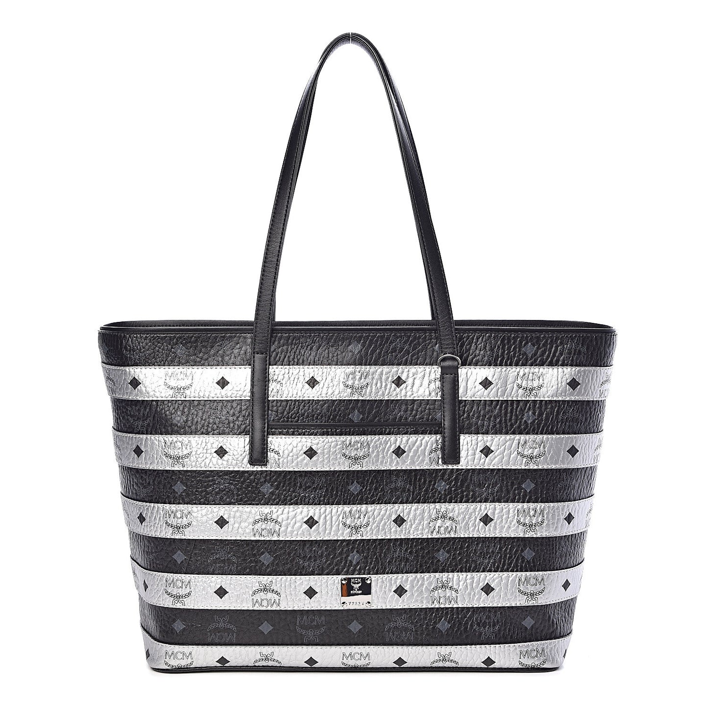 Metallic Visetos Striped Medium Anya Shopper Tote Black Silver