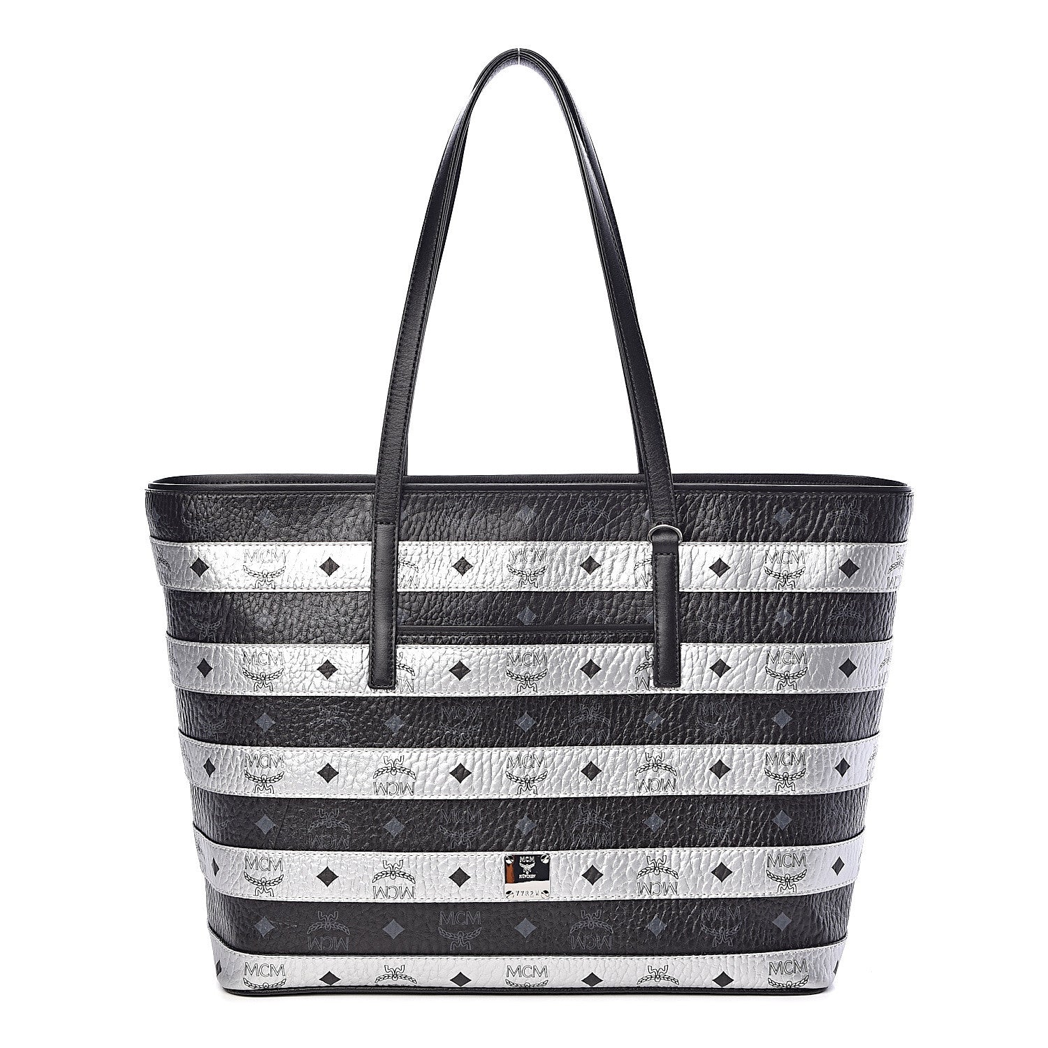 MCM Metallic Visetos Striped Medium Anya Shopper Tote Black Silver 1 of 9
