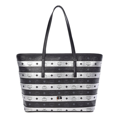 MCM Metallic Visetos Striped Medium Anya Shopper Tote Black Silver 1 of 9