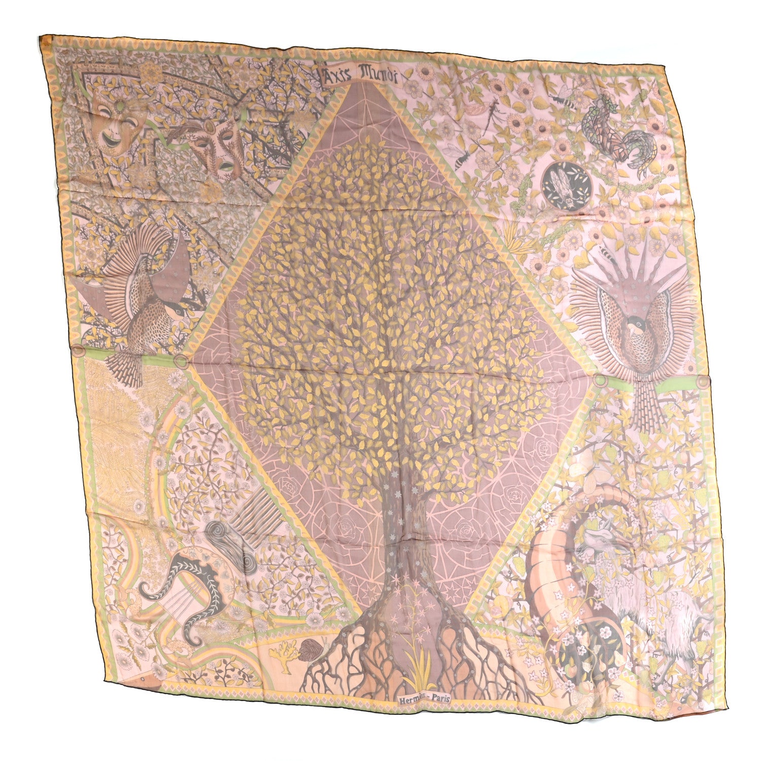 Hermes Silk Mousseline Axis Mundi Shawl 140 Poudre Irise Moutarde Vert 1 of 4