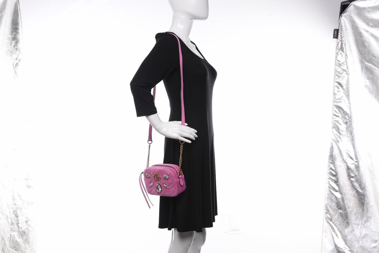 Velvet Matelasse Marquise Crystals Mini GG Marmont Chain Shoulder Bag Malva