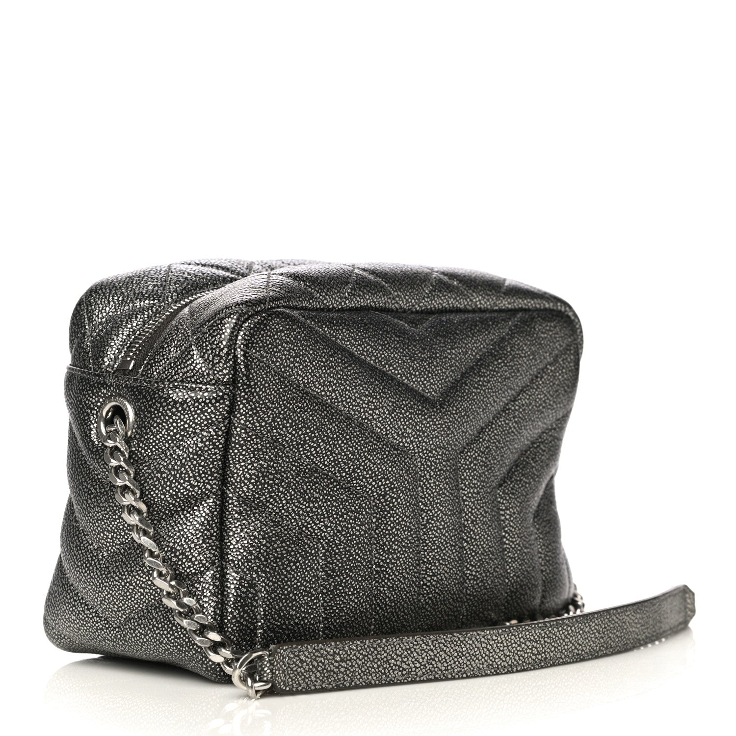Saint Laurent Metallic Grain De Poudre Y Quilted Monogram Small Loulou Bowling Bag Gun Metal 2 of 16