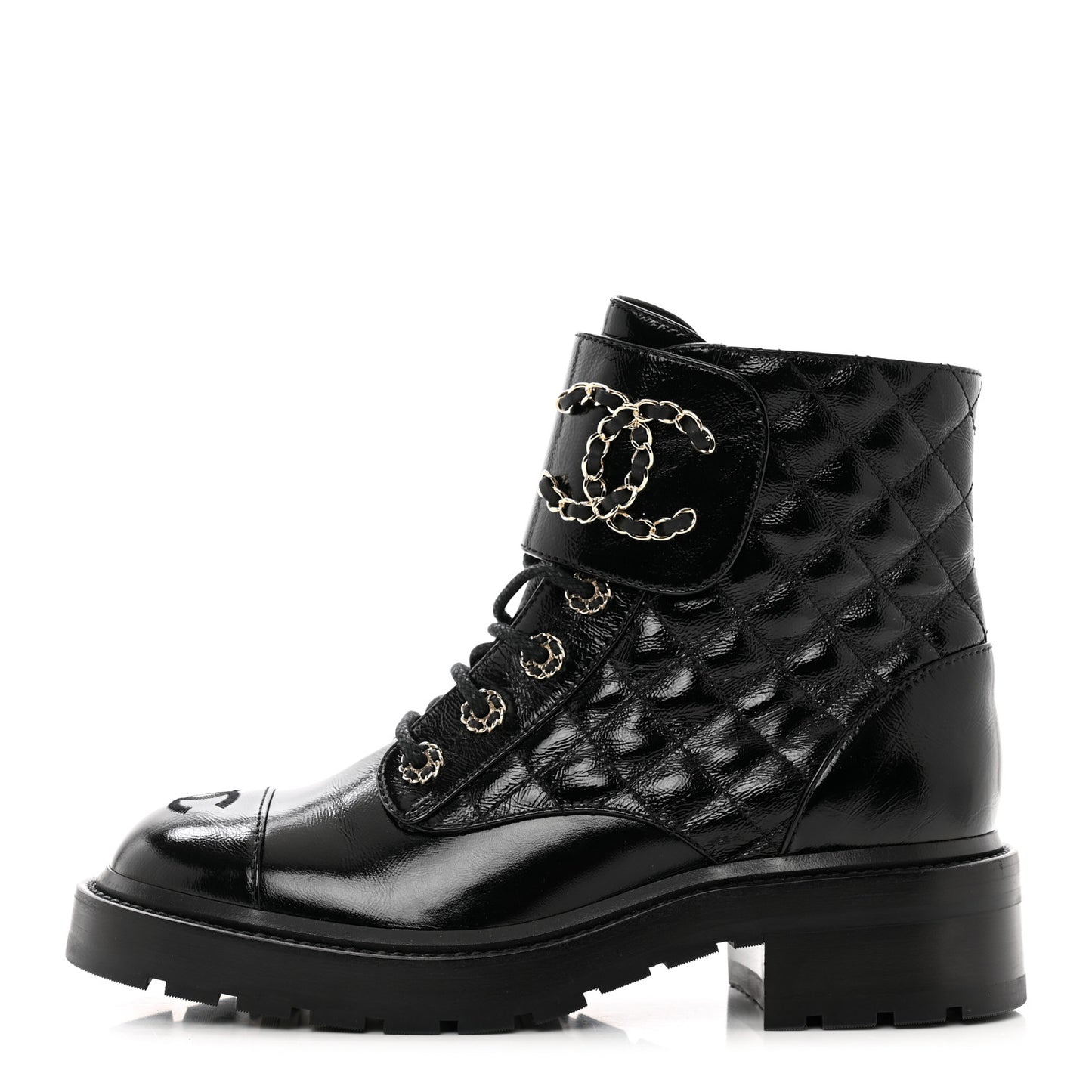 Shiny Calfskin Quilted Lace Up Combat Boots 38 Black