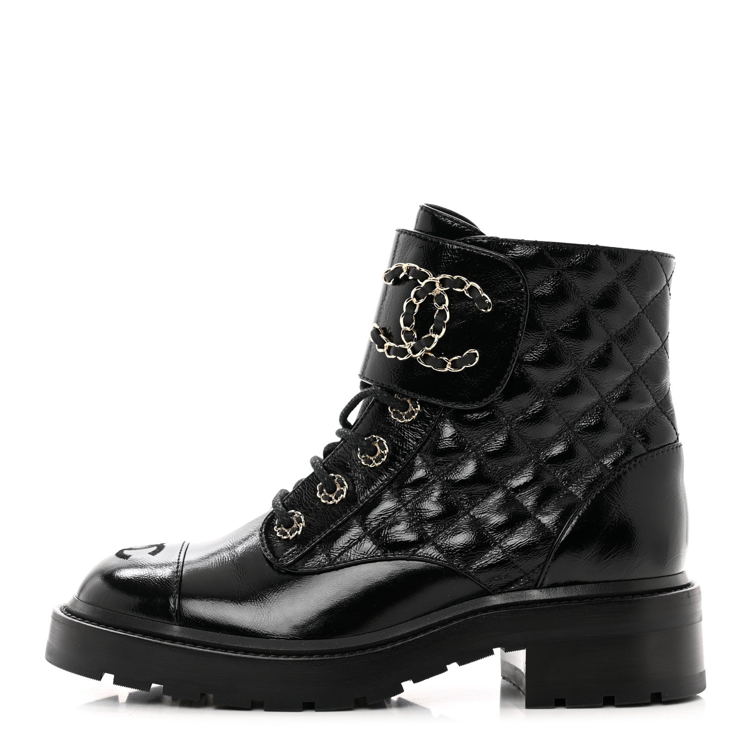 Chanel Shiny Calfskin Quilted Lace Up Combat Boots 38 Black 1 of 9