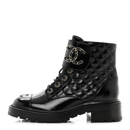 Chanel Shiny Calfskin Quilted Lace Up Combat Boots 38 Black 1 of 9