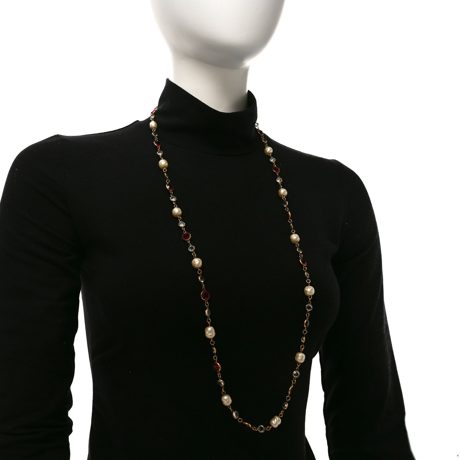 Chanel Crystal Pearl Chicklet Sautoir Necklace Red Gold 2 of 4