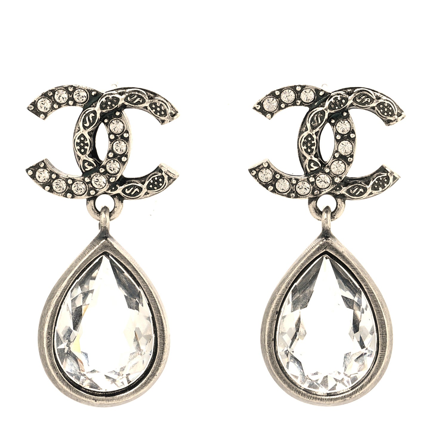 Crystal CC Tear Drop Earrings Silver