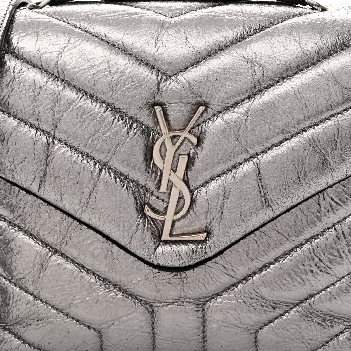 Metallic Calfskin Y Quilted Monogram Small Loulou Chain Satchel Acciaio